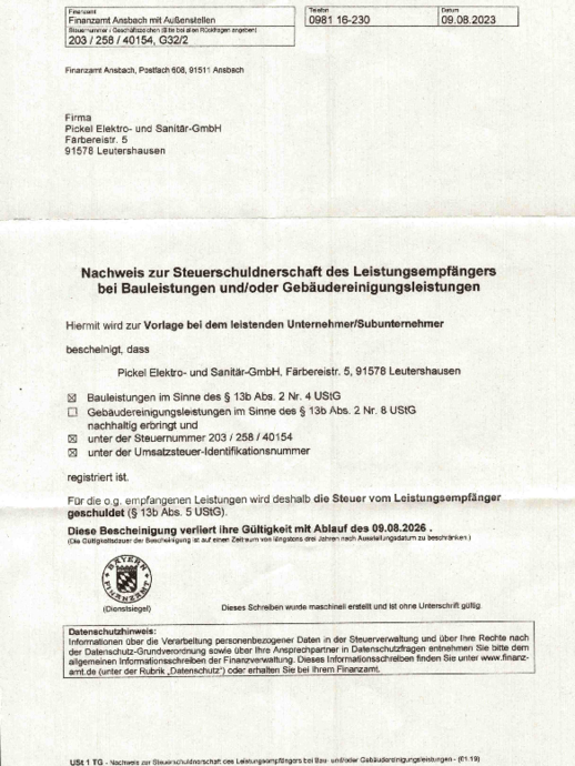 Steuerschuldnerschaft bei Pickel Elektro- und Sanitär GmbH in Leutershausen